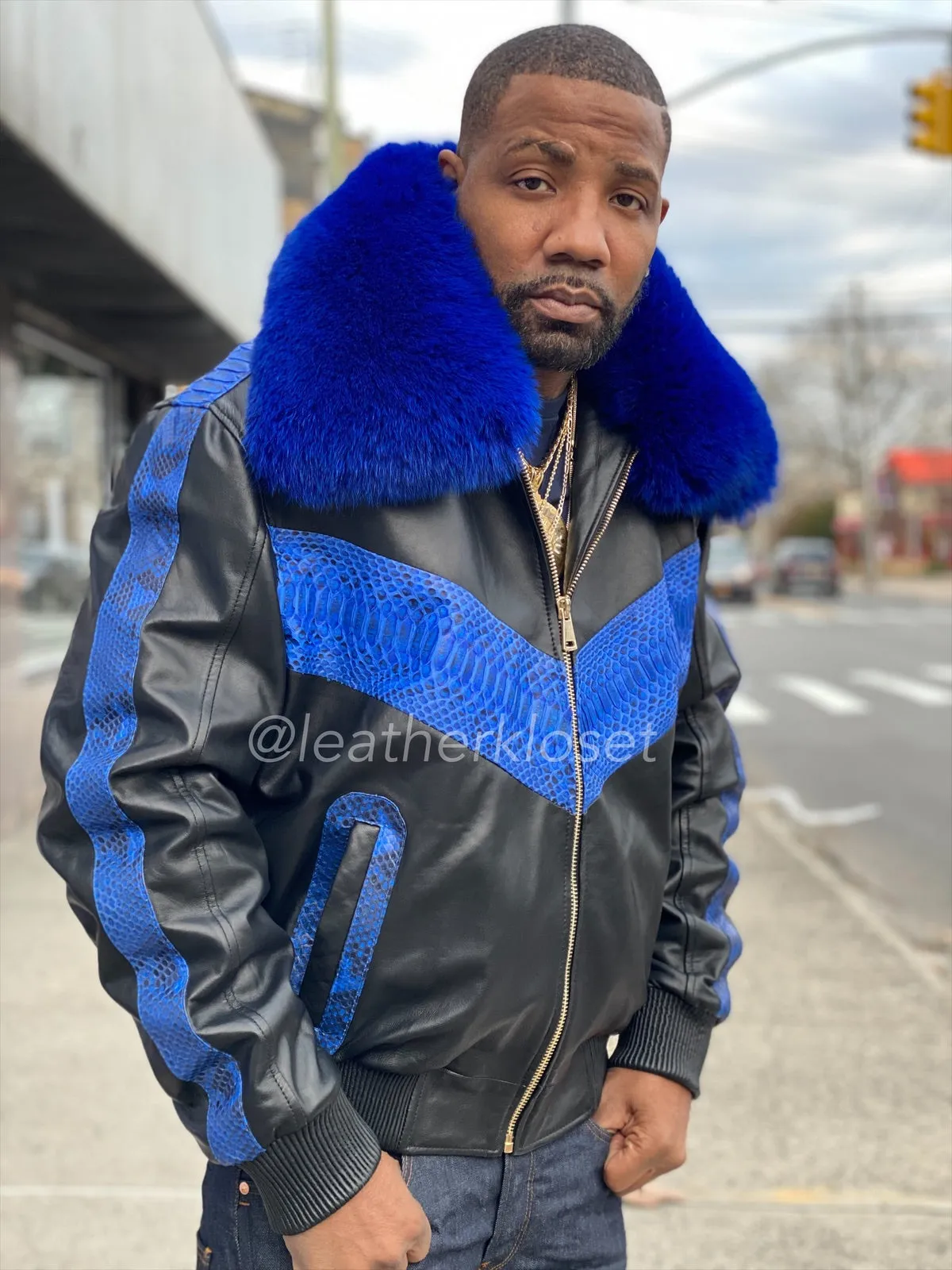 Men's Real Python And Leather Bomber Jacket With Fox
