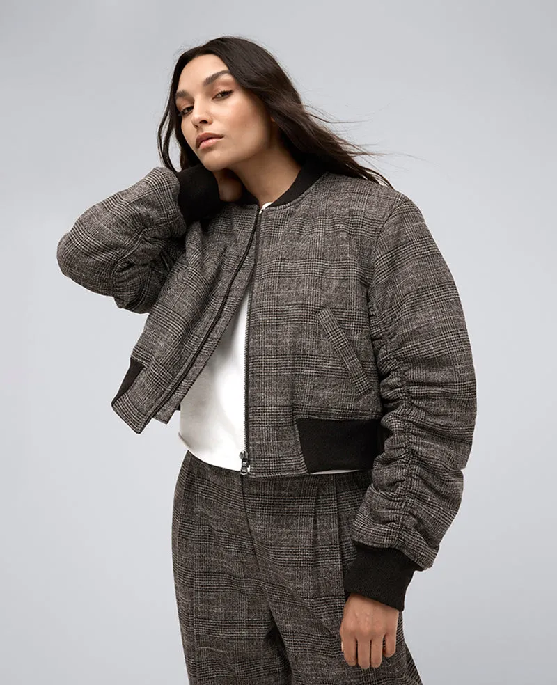 Plaid Cropped Bomber W/ Shirred Sleeves